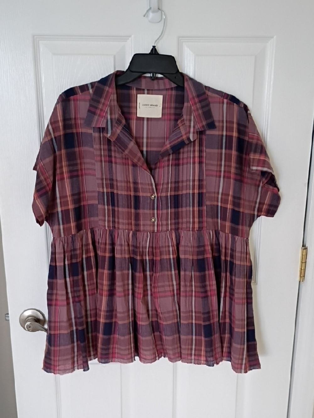 Lucky Brand Pink and Navy Plaid Short-Sleeve Peplum Top